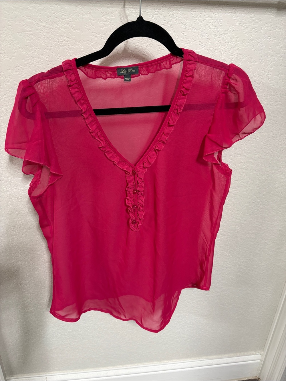 Lily Rose Hot Pink Sheer Ruffle V-Neck Blouse